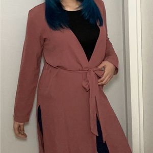 Medium Have open front long sleeve tie waist high slit cardigan